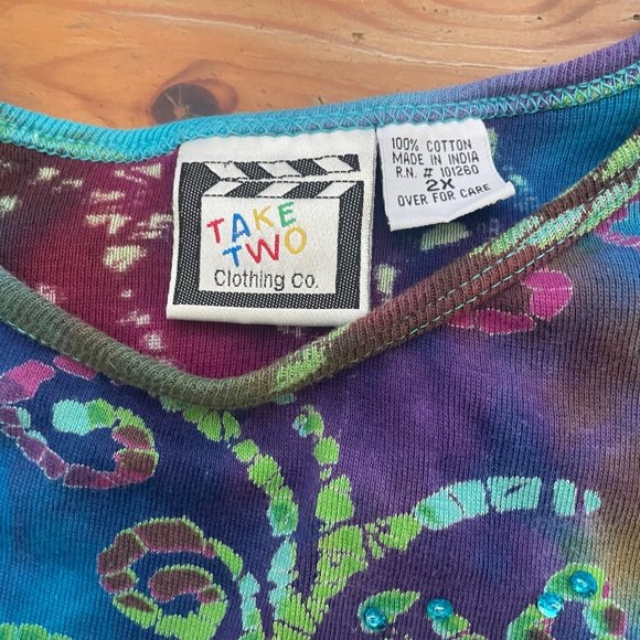 Take two batik and tye dye top, size 2X long sleeve cotton with beads & sequins. - Picture 3 of 7